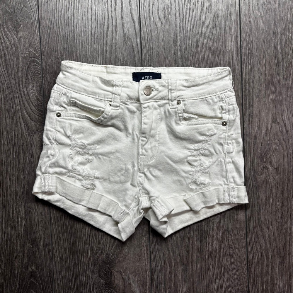 Aeropostale Womens Size 2 High Rise Midi White Distressed Denim Shorts Y2K